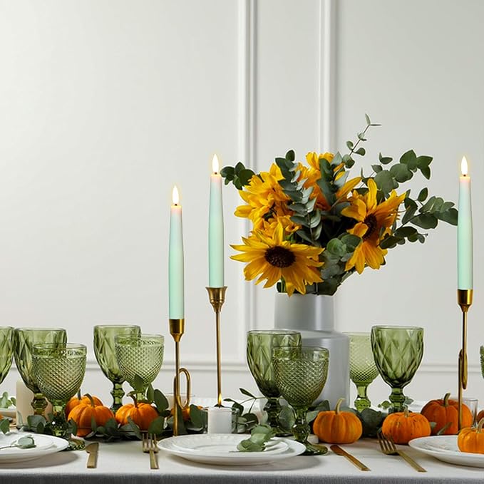 Green Flameless Taper Candles, Spring LED Flickering Taper Candles Battery Operated with Remote Timer, 4 Pcs Flameless Candlesticks for Spring Wedding Home Decorations(D0.78” x H8.1”)