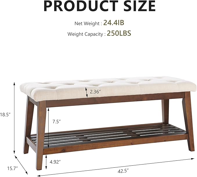 Upholstered Bench for Bedroom End of Bed,42.5-inch Entryway Bench for Living Room,Dining Bench with Padded Seat and Solid Wood Leg for Kitchen Bedroom,Indoor and Hallway (Shoe Bench, Beige)
