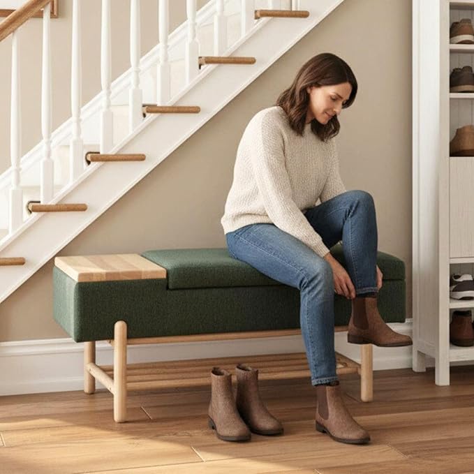 Modern Entryway Storage Bench, Upholstered Shoe Ottoman Bench, Flip-Top End of Bed Bench with Wood Shelf/Coffee Table for Living Room/Bedroom/Hallway/Under Window,46.5 Inches,Green Linen