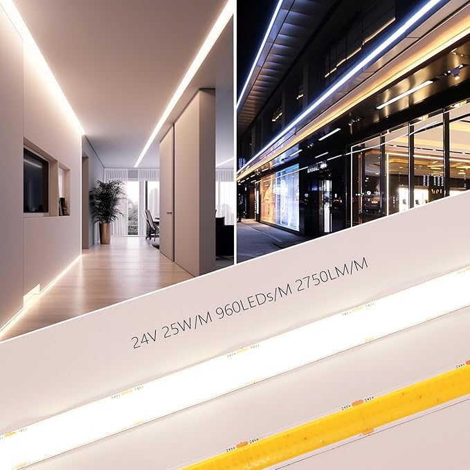 24V 15MM Wide COB LED Strip Light 32.8ft (2 Rolls of 16.4ft), 3000K Warm White Super Bright 25W/M 2750LM/M CRI 92 LED Tape Lights with Power Supply for Living Room Commercial