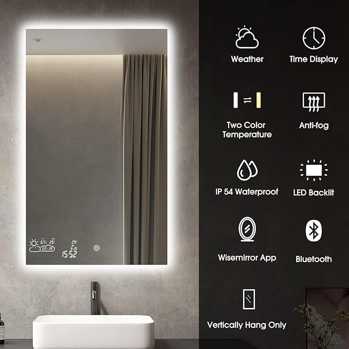 BYECOLD Smart Bathroom Mirror with Bluetooth Wi-Fi Enabled Weather Display, 32”X 40” Fog Free, LED Light Vanity Mirror Backlit Frameless Lighted Touch Sensor Makeup for Wall - Vertically Only