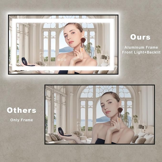 OKPAL LED Bathroom Mirror with Black Frame, 55x30 Lighted Mirrors for Bathroom Wall, Front and Backlit Bathroom Smart Mirror Dimmable, Anti-Fog, Memory, Shatterproof, ETL Listed