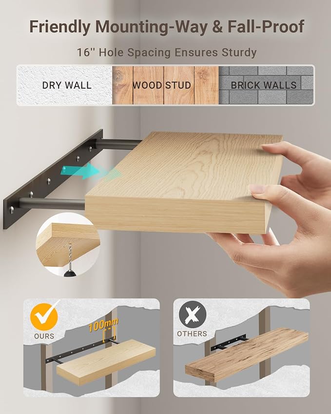 White Oak Floating Shelf for Wall Set of 3, 2 Inch Thick Wood Floating Shelves Wall Mounted, 8" Deep Floating Shelf for Kitchen Living Room Bathroom Laundry Office, 50LBS Capacity (24 & 48In)