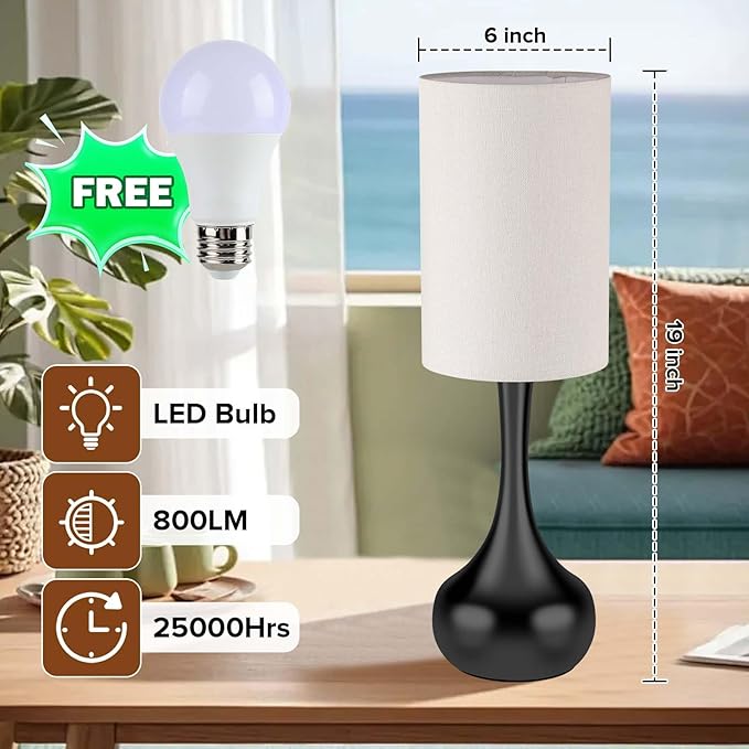 Mid Century Modern Droplet Table Lamp,Touch Control & 3-Way Dimmable,No Assembly Required Cyliner Shade,Black Vintage Farmhouse Bedside Lamp for Bedroom,Nightstand,Living Room,Office