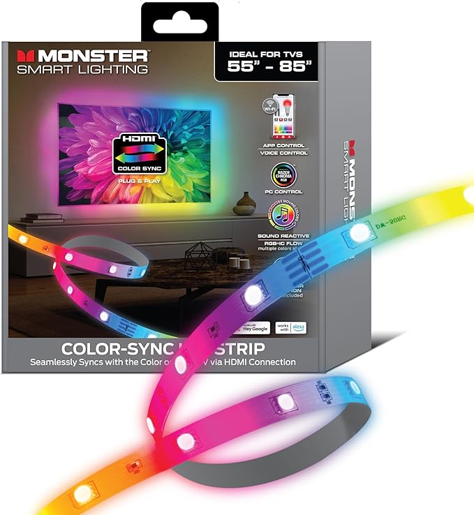 Monster TV Backlight LED Light Strip with HDMI Color Sync Box for TVs up to 85” inch, Smart Wi-Fi RGB+IC Color Flow, Works with Razer Chroma, Alexa, Google, Siri, Music Mode, Custom Scenes, Schedules