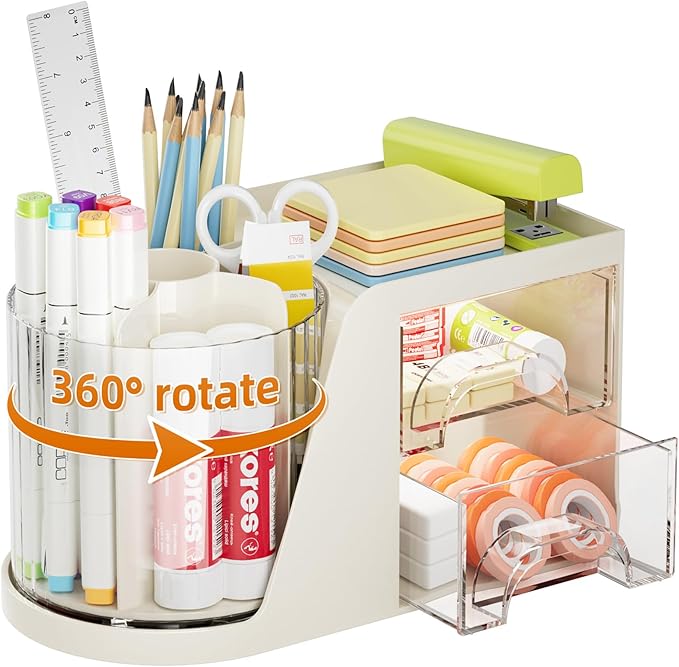 Marbrasse Desk Organizer with 2 Drawer, 360°Rotating Pen Holder, Desk Organizers and Accessories with 6 Slots Pencil Organizer + 2 Drawer, Art Supply Storage Box Caddy for Office (Beige)
