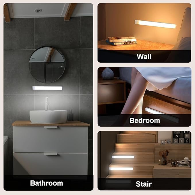 6 Pack Motion Sensor Under Cabinet Light, Magnetic Rechargeable 2 Color Under Counter Light, 8 Inch LED Closet or Stair Bedroom Cupboard
