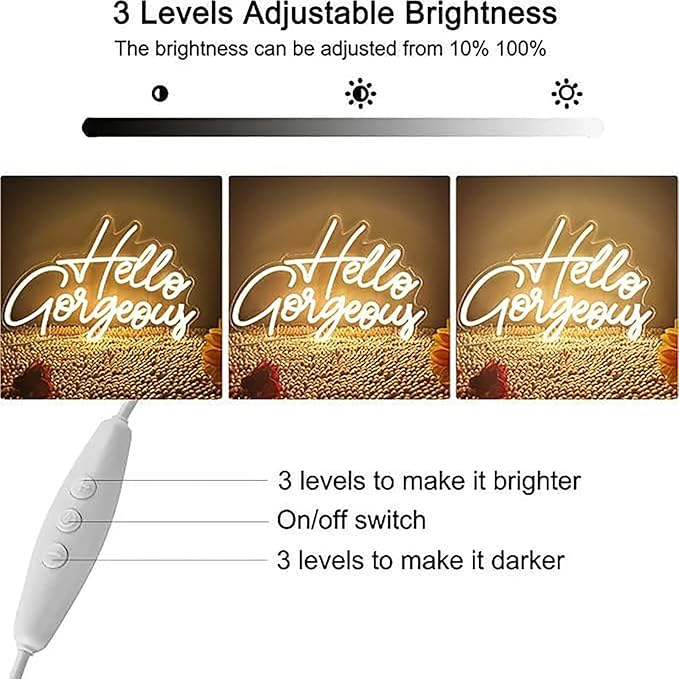 Hello Gorgeous LED Neon Sign Light Up Glow Signs USB Powered for Home Room Wall Birthday Party Wedding Decor Bar Backdrop, Hanging and Dimmable Switch
