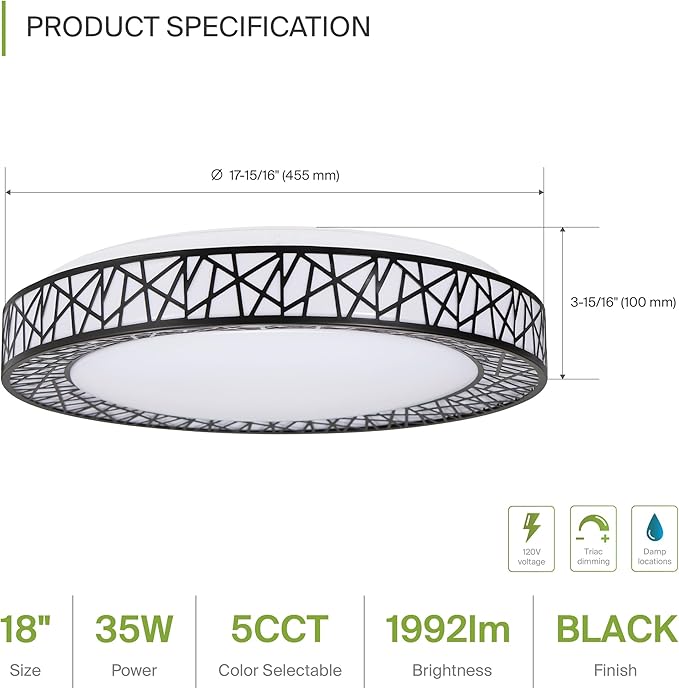 ASD 18 Inch LED Flush Mount Ceiling Light Fixture for Bedroom, 35W 1992LM 5CCT 2700K-5000K, Triac Dimmable Lights, Dining, Living Room, Kitchen Lamps, Modern Home Lighting Fixtures, Black, ETL, 2 Pack