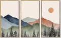KUVIOKE Watercolor Mountains Range Landscape Wall Art Framed Tree Nature Wall Decor Sun Rises Prints Bedroom Living Room Ready to Hang 8x16in3pcs Natural Framed