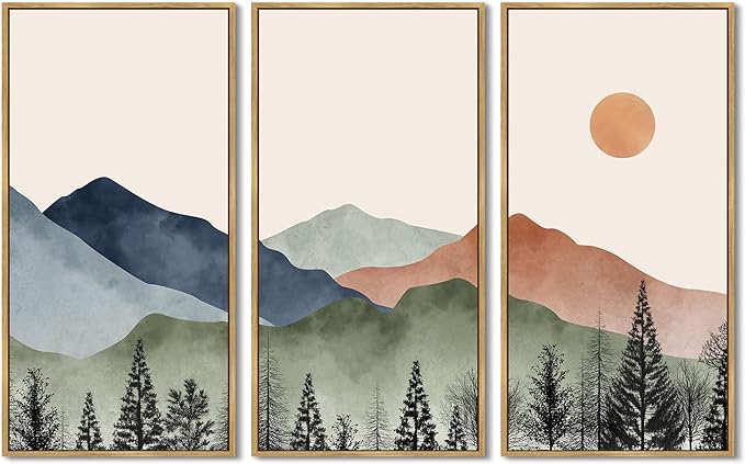 KUVIOKE Watercolor Mountains Range Landscape Wall Art Framed Tree Nature Wall Decor Sun Rises Prints Bedroom Living Room Ready to Hang 8x16in3pcs Natural Framed