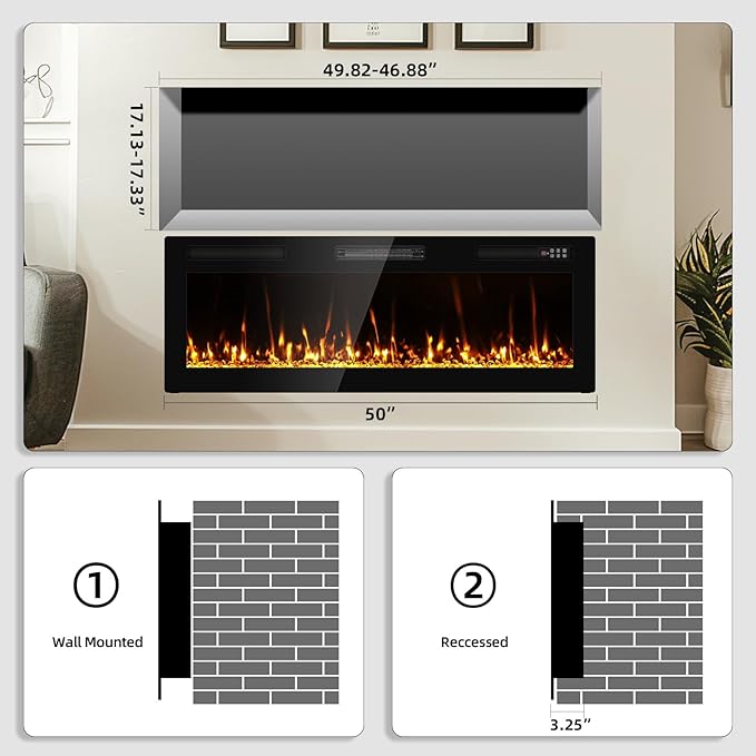 2025Upgraded 50” Electric Fireplace Recessed and Wall Mounted Fire Places Ultra Thin Narrow Beleze with Remote Control, Screen Control, Adjustable Flame Colors and Speed