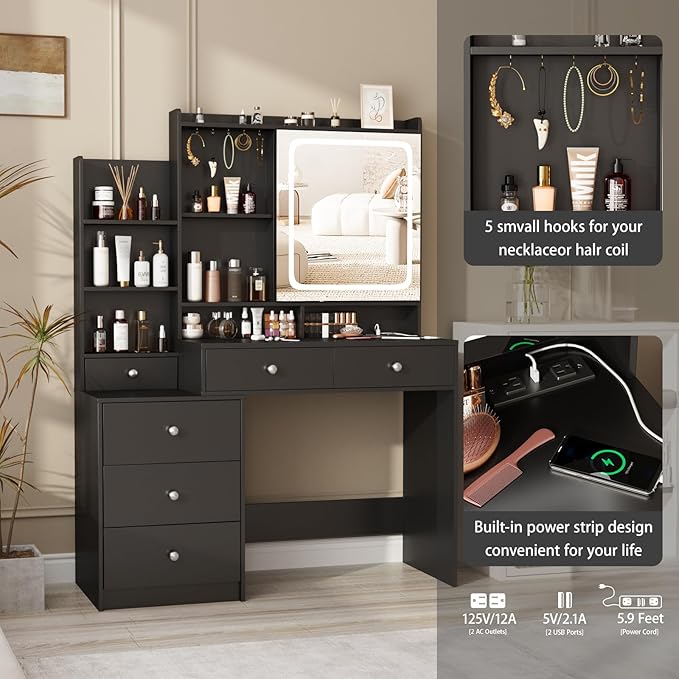 Makeup Vanity with Led Mirror and Power Strip,Vanity Desk with Lots Drawers & Openable Mirror,3 Lighting Colors,Open Storage Shelves,Dressing Table for Bedroom,Black