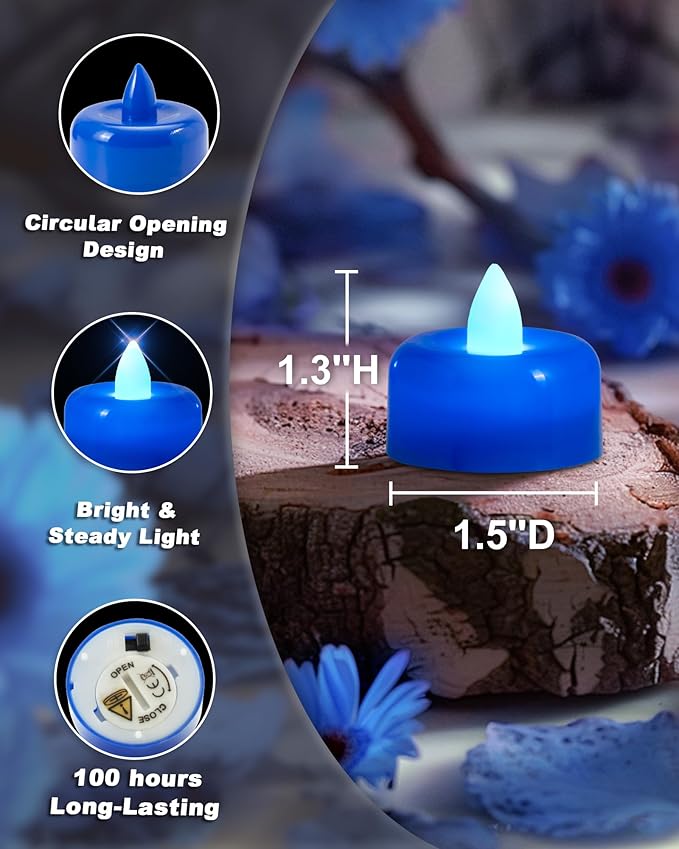 Raycare Blue Battery Operated Tea Lights, 24 Pack Long Lasting Fake Candles, Flameless LED Tea Light, Colored Tealights Candles for Wedding, Table Centerpiece, Party, Halloween, Christmas, Proposal