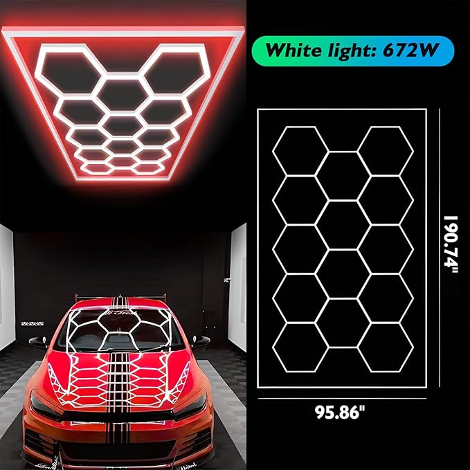 Large Hexagon Garage Lights 14 Hex LED Higher Brightness Lights with Red Light Rectangle Frame Octagon Honeycomb Lighting for Garage Car Detailing Barber Shop Gym Warehouses.