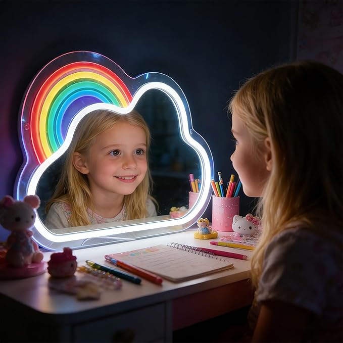Cloud Rainbow Mirror with Light Neon Signs for Wall Decor，Makeup Mirror neon Sign Teen Girl Bedroom Becor for Birthday Christmas Halloween Thanksgiving