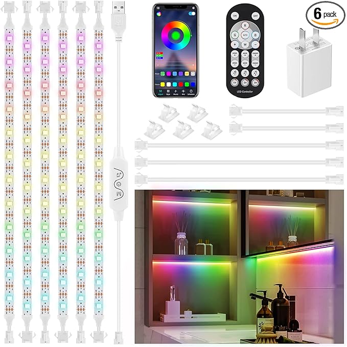 6Pcs Under Cabinet Lights Kit,Music Sync Color Changing LED Lights with RF Remote and APP,Dimmable Flexible Cabinet Lights,5V USB Under Cabinet LED Lighting for Counter Shelf Bookcase TV Back-6x1.64ft