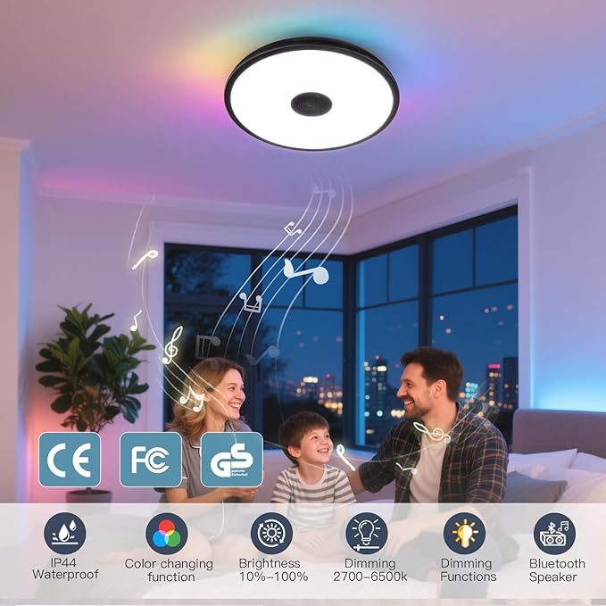 Black Waterproof LED Flush Mount Ceiling Light Fixture,with Bluetooth Speaker,11 Inch,18 watt,Dimmable Music Lamp,RGB Color Changing Light with Remote Control,for Bathroom,Shower,Bedroom