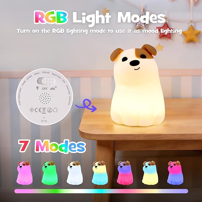 Dog Night Light Squishy Silicone Nursery Breastfeeding Nightlight with Timer 3-Level Warm White RGB Color Modes Cute Puppy Lamp Rechargeable Touch Bedside Desk Animal Lamp for Bedroom Dorm Decor