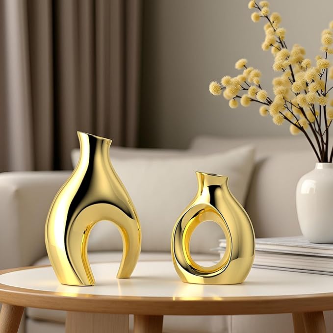 Gold Modern Abstract Ceramic Vases for Home Decor,Nordic Snuggle Hollow Design for Flowers Pampas Grass Decorative,for Living Room Coffee Table Centerpiece,Entrance,Console (Gold)