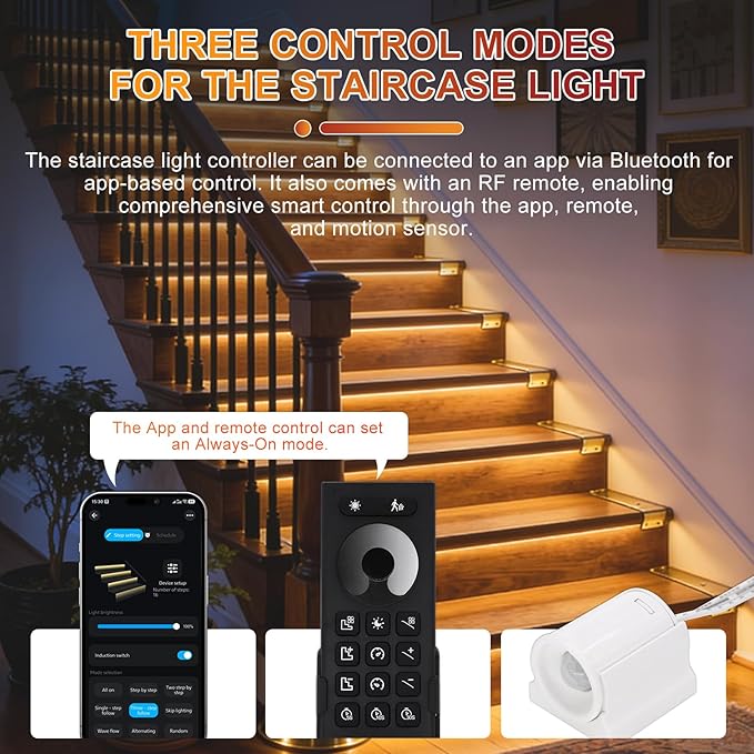 Smart Motion Sensor Staircase LED Strip Lights Kit, Intelligent 16-Step Light Controlled by APP & Remote(Not Include Battery) with 3000K Strips for Indoor Lighting