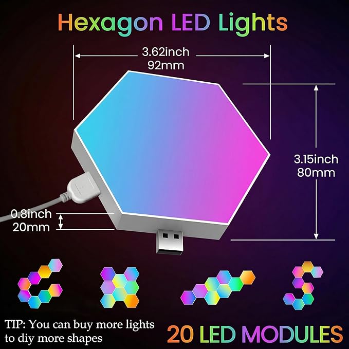 Hexagon LED Light Wall Panels – RGB Smart Gaming Light with App, Remote and Music Sync, Modular Gaming Wall Decor for Bedroom, Game and Living Room(20-Pack)