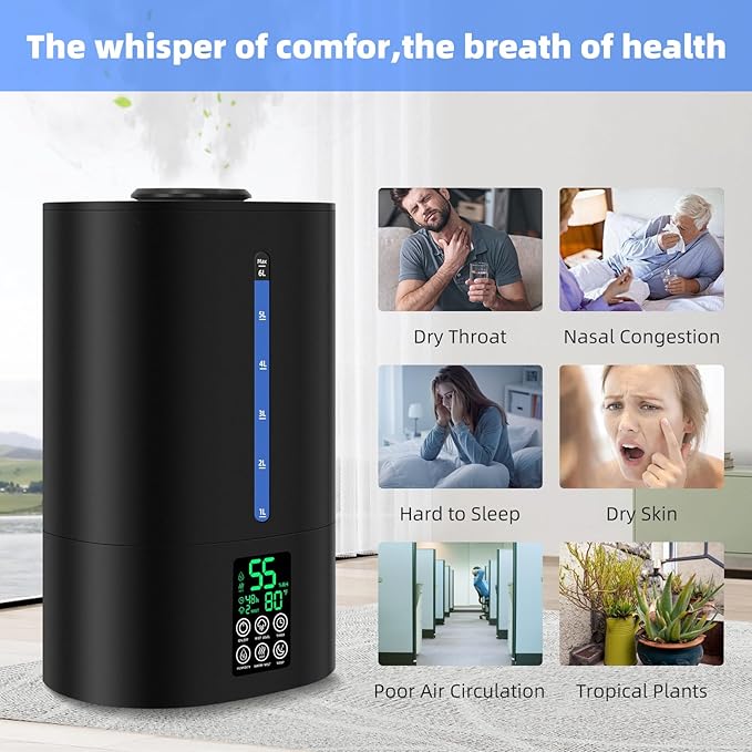 6L Humidifiers for Bedroom Large Room Home,Cool and Warm Humidifier for Baby and Plants Hot Mist Top Fill Desk Humidifiers Oil Diffuser,Quiet,Adjustable Mist,360°Nozzle-Black(2026 Upgraded)