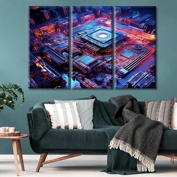 Circuit Board Pictures Canvas Wall Art Advanced Electronic Circuit Network Pictures Contemporary Wall Art 3 Pieces Chip Posters & Prints Framed Ready to Hang for Living Room Office (36"Wx24"H)
