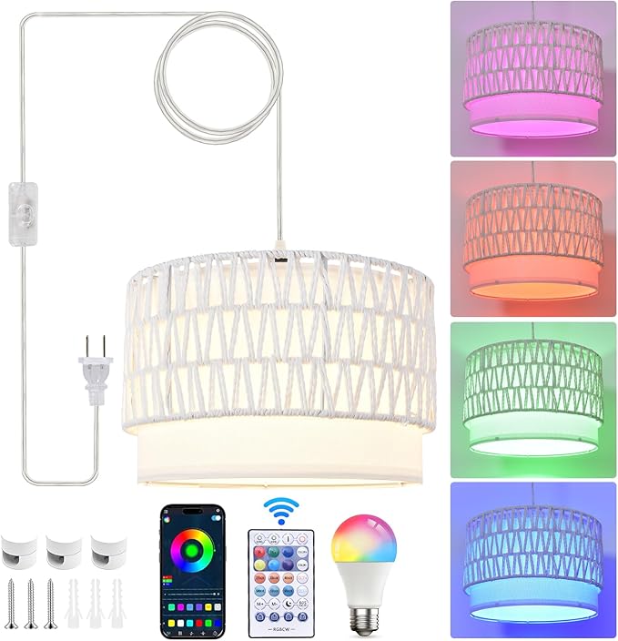 Hanging Lamp Plug in Pendant Light, 15FT White Hanging Lights with Plug in Cord, Hanging Light with Bulb and Remote, Hanging Lamps for Bedroom, Living Room, Kitchen, Farmhouse
