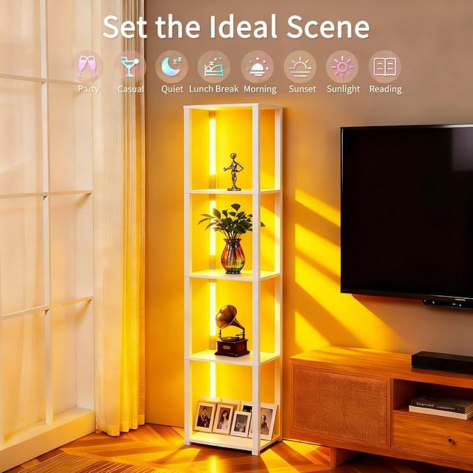 RGBCW Floor Lamp with Shelves, Smart Modern Floor Lamp with Music Sync, Color Changing Corner Display Shelf Lamp, Dimmable Standing Lamp for Living Room and Bedroom, Office, White