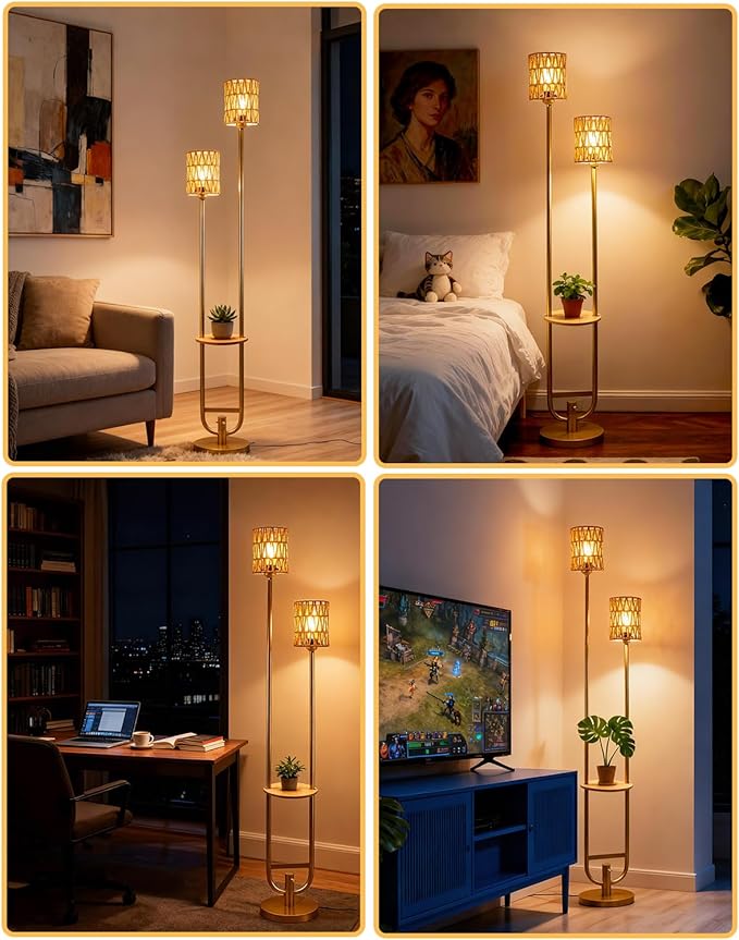 Lightdot 63IN Gold Floor Lamp with Table& Rattan Shades Mid Century Standing Lamps with Warm White Bulbs Included, Unique Vintage Tall Floor Lamp for Living Room/Wedding/Party/Sofa Beside/Corner Decor