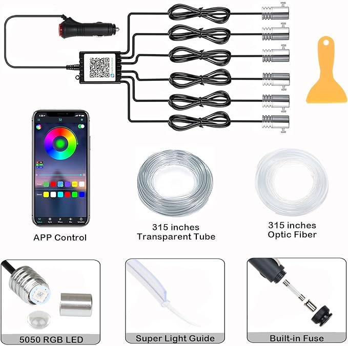 Interior Car LED Strip Lights, RGB 6 in 1 Ambient Lighting Kits with 315 inches Fiber Optic, 16 Million Colors APP Wireless Control Car Neon Lights, with Music Sync Function