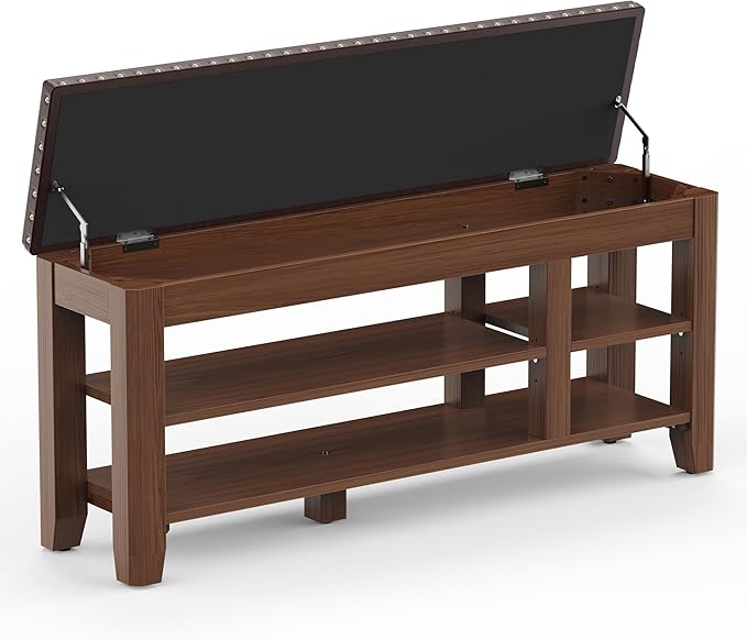 Shoe Bench for Entryway, Solid Rubberwood Shoe Bench with Hidden Storage, Adjustable 2-Tier Shelves & Soft PU Leather Seat, Shoe Rack Durable Easy Assembly for Hallway or Bedroom - Brown, 47.28"