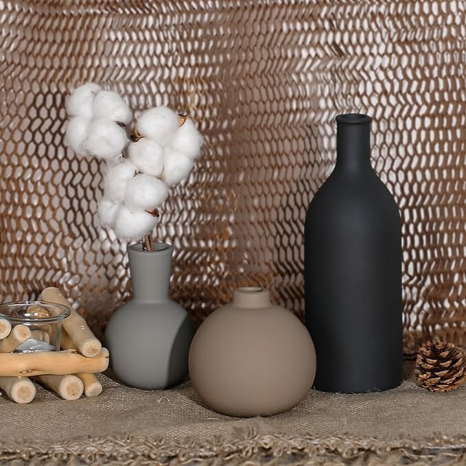 Ceramic Vase - Handmade Pottery Neutral Tone Home Decor for Floral Arrangements, Table Mantel Tray Decor - Modern Farmhouse Vases for Living Room Bedroom Kitchen Entryway (Multicolor-Black, 3 PCS)