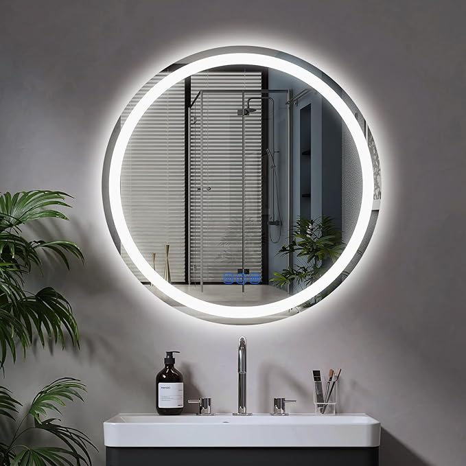 24” Circle LED Bathroom Mirror Round LED Mirror Bathroom Vanity Mirror with Lights Wall-Mounted Front & Backlit,Stepless Dimming,Smart Memory Touch,Anti-Fog,Shatterproof for Modern