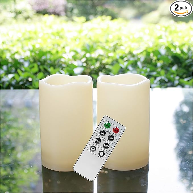 Waterproof Outdoor Flameless LED Candles - with Remote and Timer Realistic Flickering Battery Operated Electric Plastic Resin Pillar Candles for Christmas Decoration 2-Pack 3”x5”