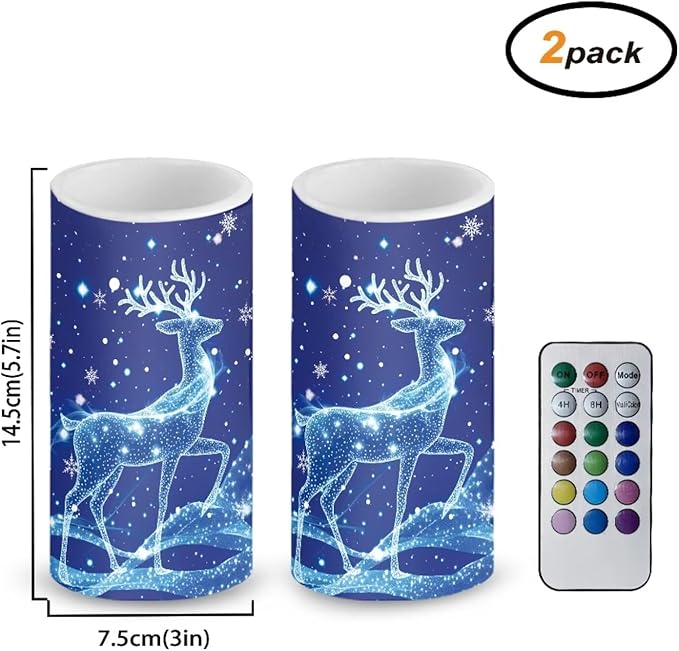 Christmas Bedroom Decor LED Candles with Remote Deer Patterns Flameless Pillar Candles Battery Operated with 18-Key Remote Timer for Home Indoor Room Decor Xmas Table Decorations