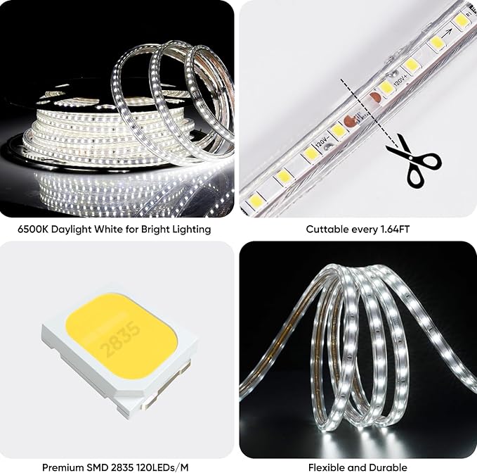 Shine Decor LED Strip Light 50FT 120VAC, Super Bright 6337 Lumens Dimmable, IP65 Waterproof for Outdoor Indoor, 6500K Cool White Every 1.6ft Cuttable Proselect Lighting Strip, 6x10mm ETL Listed