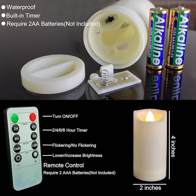 LED Battery Operated Candles 2"x4" Plastic Flickering Flameless Candles with Timer/Remote Outdoor Waterproof Wedding Party Halloween Christmas Decoration Realistic Slim Tall Pillar Candles