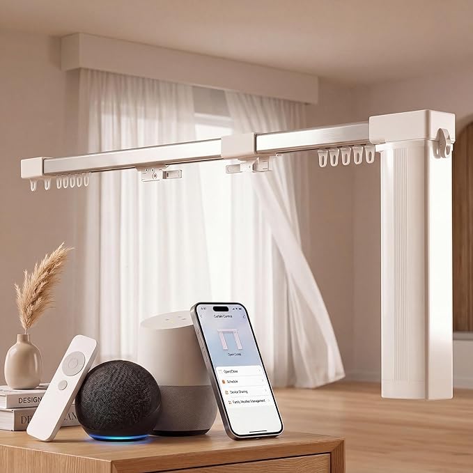 Pre-Assembled Telescopic Smart Curtain Track, No Splicing/Cutting, AC Plug-in WiFi Motor (No Hub Required), Ceiling/Wall Mount, Tuya/Remote Control, Works with Alexa & Google Assistant (91"-158")