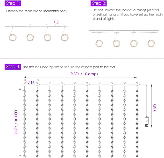 Minetom Halloween Purple Curtain Lights, 300 LED Dimmable Fairy Lights with Remote and Timer, 8 Modes, USB Powered String Lights for Room Wall Party Xmas Indoor Decor