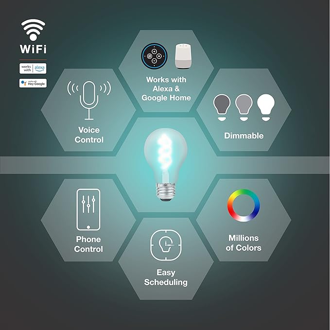Sylvania WiFi LED Smart A19 RGBW Color and Amber Finish Filament Light Bulb, 7W Efficient, for Alexa/Google Assistant, 2000K, No Hub Required, Clear - 1 Pack (75807)