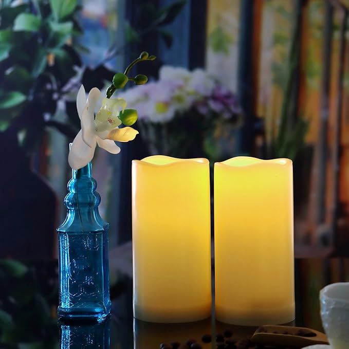 Waterproof Outdoor Battery Operated Flameless Candles with Auto Timer Flickering Plastic Resin Electric LED Pillar Lights for Lantern Patio Garden Wedding Party Decorations 3x6 Inches 2 Pack White