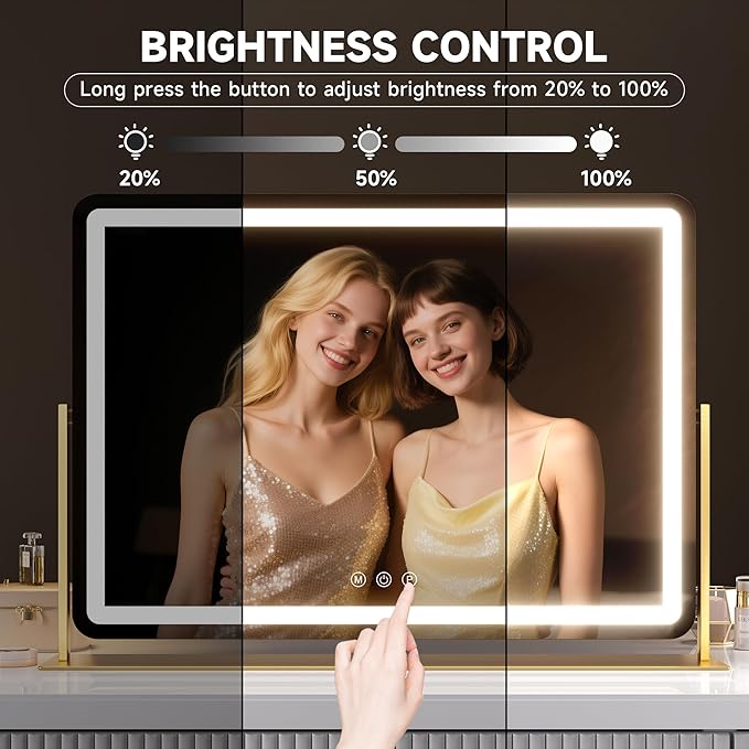 Hasipu Large LED Vanity Mirror 30"x21" - Makeup Mirror with 5X Magnification, Phone Holder, USB Charging, Smart Touch 3-Color Lighting & 360° Rotation (Gold)