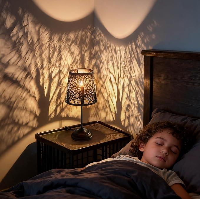 3 Level Dimmable Touch Table Lamps Set of 2, Black Metal Tree Pattern Shadow Lamp, Small Bedside Night Light for Kids, Vintage Accent Decor Lamp Halloween Indoor Mood Lighting Bedroom Living Room