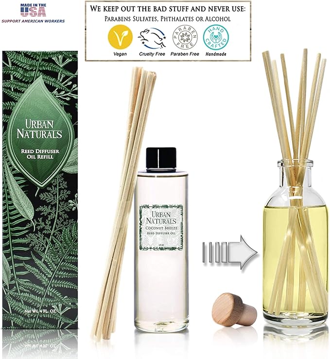 Urban Naturals Coconut Breeze Scented Oil Reed Diffuser Refill | Includes a Free Set of Reed Sticks! Warm Coconut, Pineapple and Tahitian Vanilla – 4 oz. Made in the USA