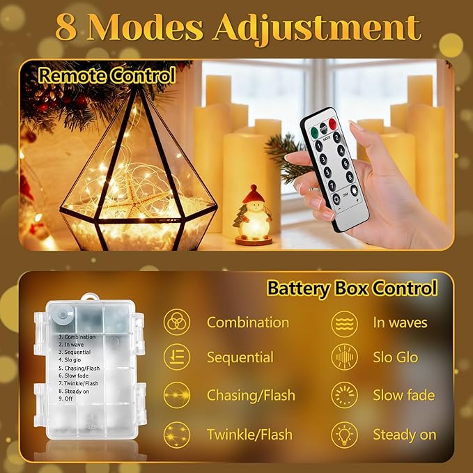 200 LED 67Ft Fairy Lights Battery Operated with Remote，Waterproof String Lights for Indoor & Outdoor,8 Modes Christmas Lights for Christmas Tree,Bedroom, Party,Wedding Decor