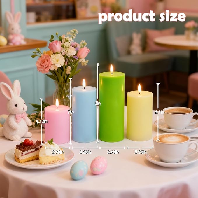 Flameless Easter Candles, 4 Pack Pastel Battery Operated Candles with Remote, Real Wax Electronic LED Fake Candles Easter Table Centerpiece Party