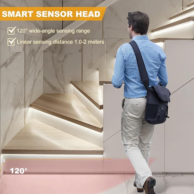 Indoor LED Stair Light Motion Sensor Complete Set Stair Running Light with COB LED Strip Light Cascading Stairwell Staircase Lighting Under Tread Lights with Remote for New Construction