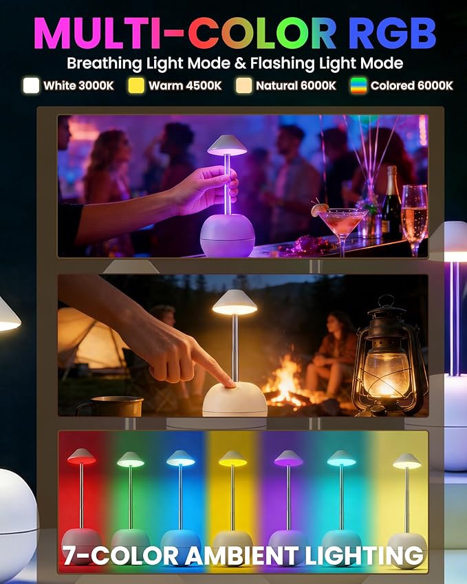 yadoker Tumbler Table Lamp with Remote, Cordless Touch Bedside Lamp, Rechargeable USB Small Lamp for Nightstand, Multiple Colors Dimmable Mushroom Shape Night Light for Nursery, Bedroom